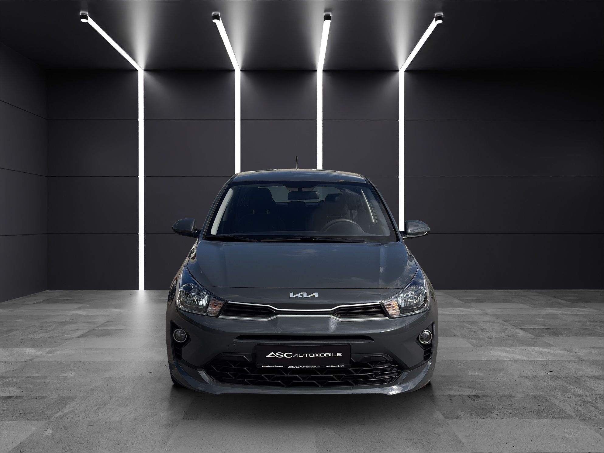 KIA Rio von vorne: KIA-Logo über dem Kühlergrill, Nebelscheinwerfer, Karosserie in Dunkelgrau